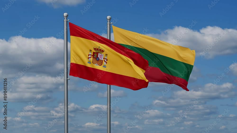 Lithuania and Spain flags flying together, video concept of the relationship, two country relations concept Lithuania and Spain flags flying together, video concept of the relationship, two country relations concept