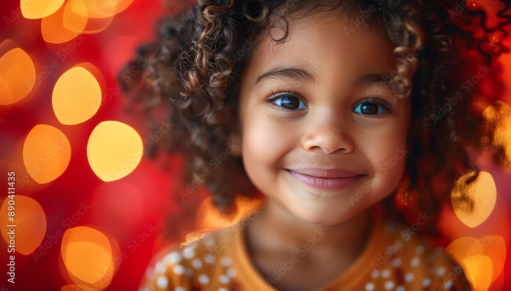Adorable child with curly hair, warm smile, heartshaped bokeh lights, soft red background Adorable child with curly hair, warm smile, heartshaped bokeh lights, soft red background