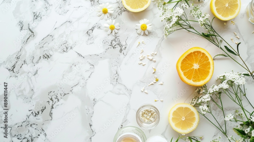 Fresh citrus fruits and daisies on marble surface Fresh citrus fruits and daisies on marble surface