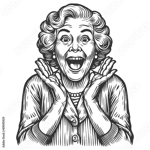 ecstatic happy surprised elderly lady woman with a wide smile, joy and surprise sketch engraving generative ai fictional character vector illustration. Scratch board imitation. Black and white image.