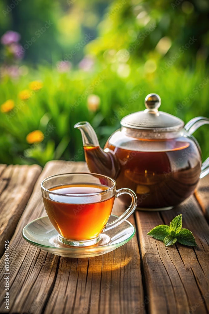 Cup of herbal tea on a wooden table in a garden. Cup of herbal tea on a wooden table in a garden.