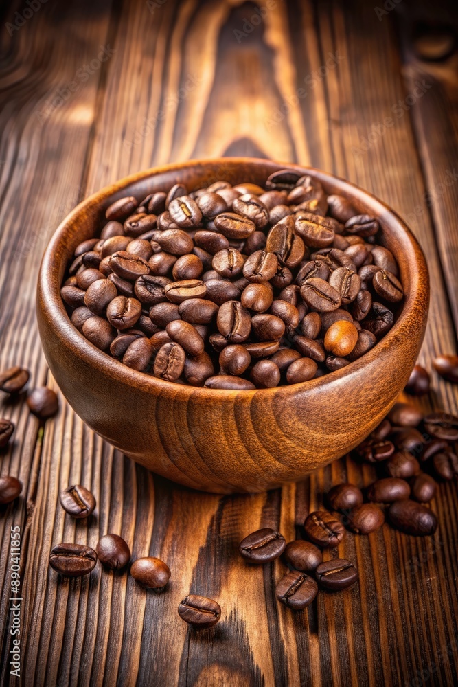 Fototapeta premium Bowl of roasted coffee beans on a wooden table.