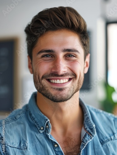 A person with a friendly expression wearing a denim shirt, suitable for portraits or lifestyle images