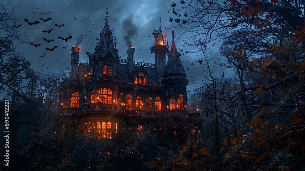 A haunted mansion with glowing windows and bats flying around A haunted mansion with glowing windows and bats flying around