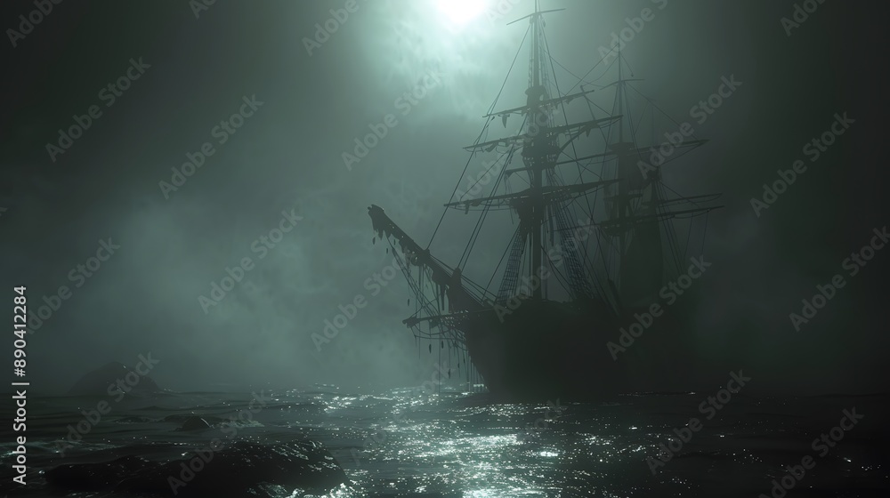 A ghost ship sailing through foggy waters under a dark sky A ghost ship sailing through foggy waters under a dark sky