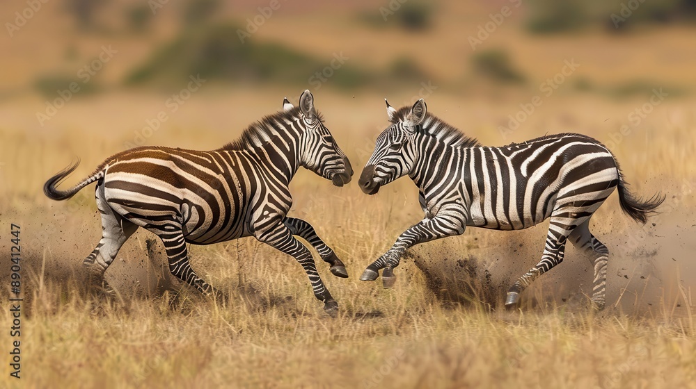 Two zebras playfully interacting on a grassy plain in a savannah setting, showcasing their distinctive black and white stripes. Two zebras playfully interacting on a grassy plain in a savannah setting, showcasing their distinctive black and white stripes.