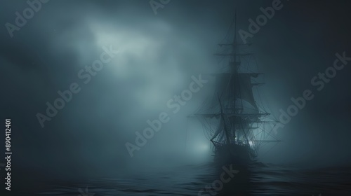 A ghost ship sailing through foggy waters under a dark sky