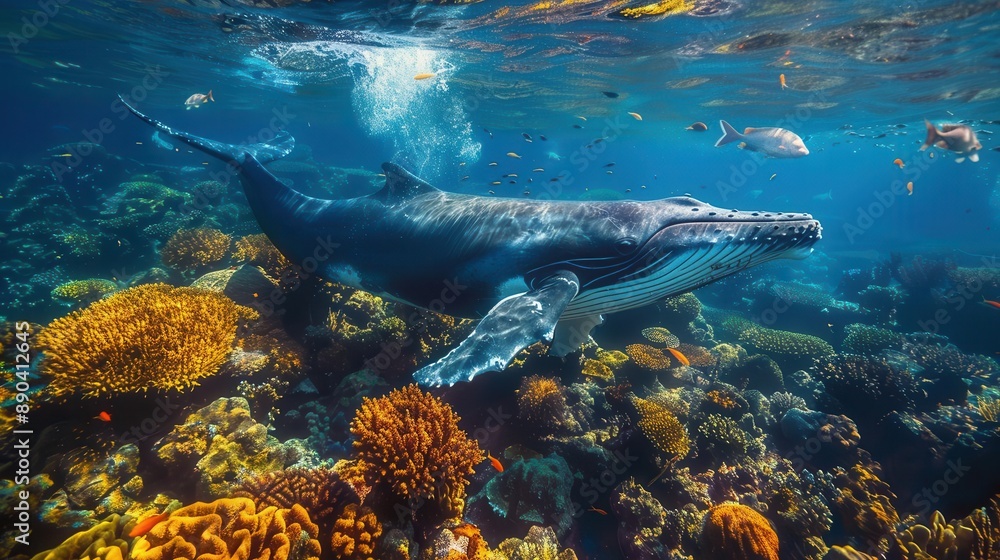 Obraz premium A majestic humpback whale swimming through a colorful coral reef, showcasing vibrant marine life and underwater beauty.