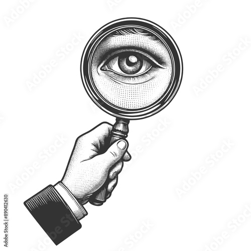 eye magnified by a hand holding a magnifying glass, emphasizing detail and focus sketch engraving generative ai vector illustration. Scratch board imitation. Black and white image.