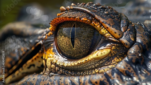 A close-up of an alligator's eye. The alligator's eye is a deep, dark brown color with a yellow-green pupil.