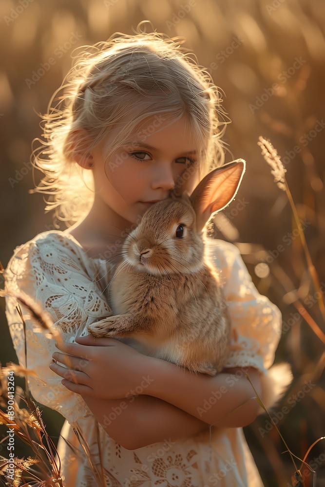 Girl holding bunny, soft sunlight, serene field Girl holding bunny, soft sunlight, serene field