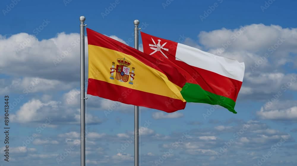 Oman and Spain flags flying together, video concept of the relationship, two country cooperation concept Oman and Spain flags flying together, video concept of the relationship, two country cooperation concept