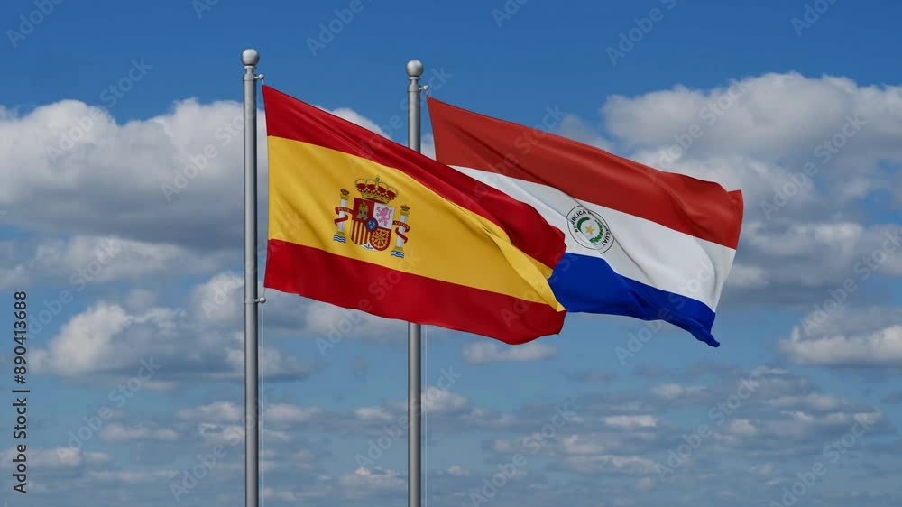 Paraguay and Spain flags flying together, video concept of the relationship, two country relations concept Paraguay and Spain flags flying together, video concept of the relationship, two country relations concept