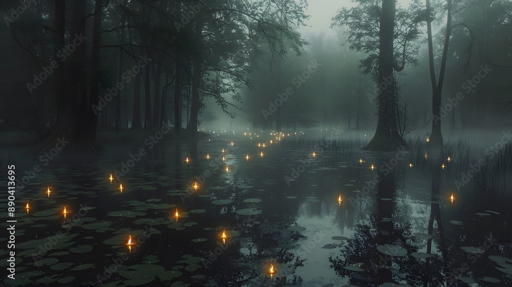 A dark and foggy swamp with eerie glowing lights and mist A dark and foggy swamp with eerie glowing lights and mist
