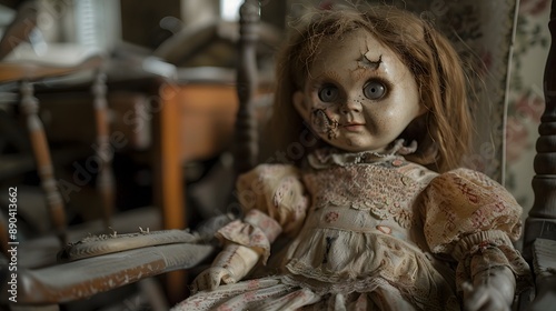 A creepy doll with cracked porcelain skin sitting in an old rocking chair photo