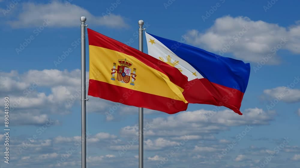 Philippines and Spain flags flying together, video concept of the relationship, two country cooperation concept Philippines and Spain flags flying together, video concept of the relationship, two country cooperation concept