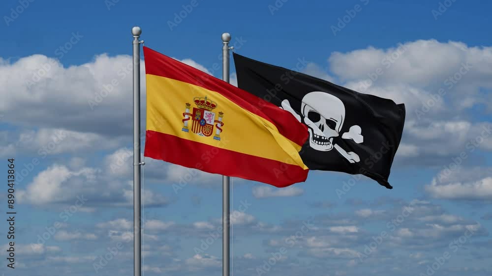 Spain and Jolly Roger or pirate flags flying together, video concept of the relationship Spain and Jolly Roger or pirate flags flying together, video concept of the relationship