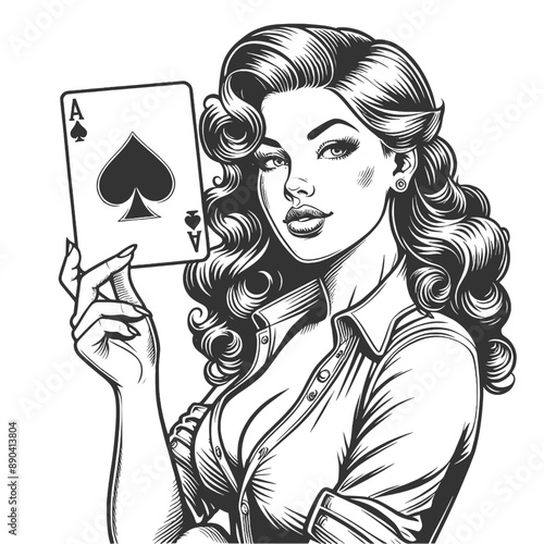 pin-up girl displaying an Ace of Spades card, symbolizing luck and strategy sketch engraving generative ai fictional character vector illustration. Scratch board imitation. Black and white image.
