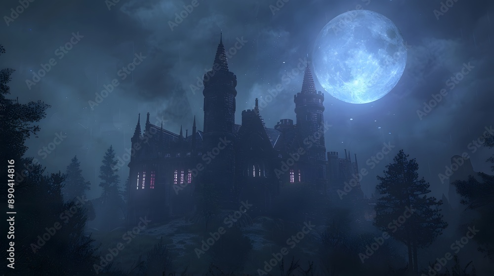 A dark and eerie castle with glowing windows and a full moon behind it A dark and eerie castle with glowing windows and a full moon behind it