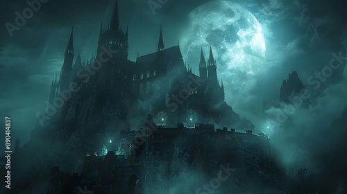 A dark and eerie castle with glowing windows and a full moon behind it