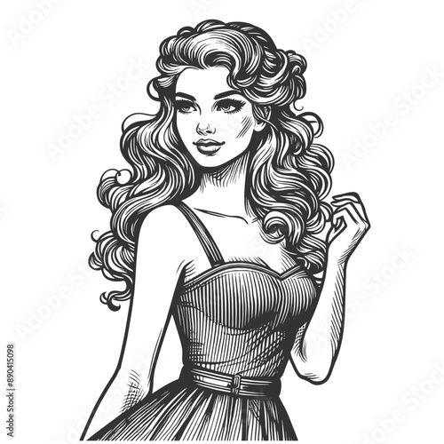 elegant woman with wavy hair wearing stylish dress, classic sophisticated look sketch engraving generative ai fictional character vector illustration. Scratch board imitation. Black and white image.