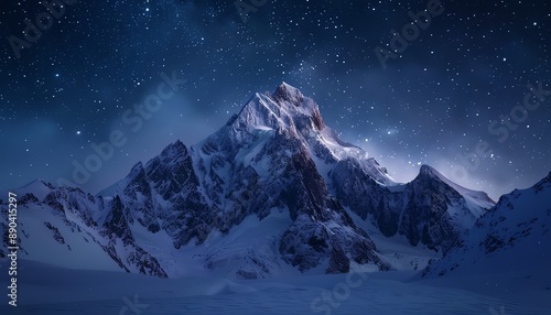 Snowcovered mountain peak under a starry sky Wideangle, crisp, tranquil night