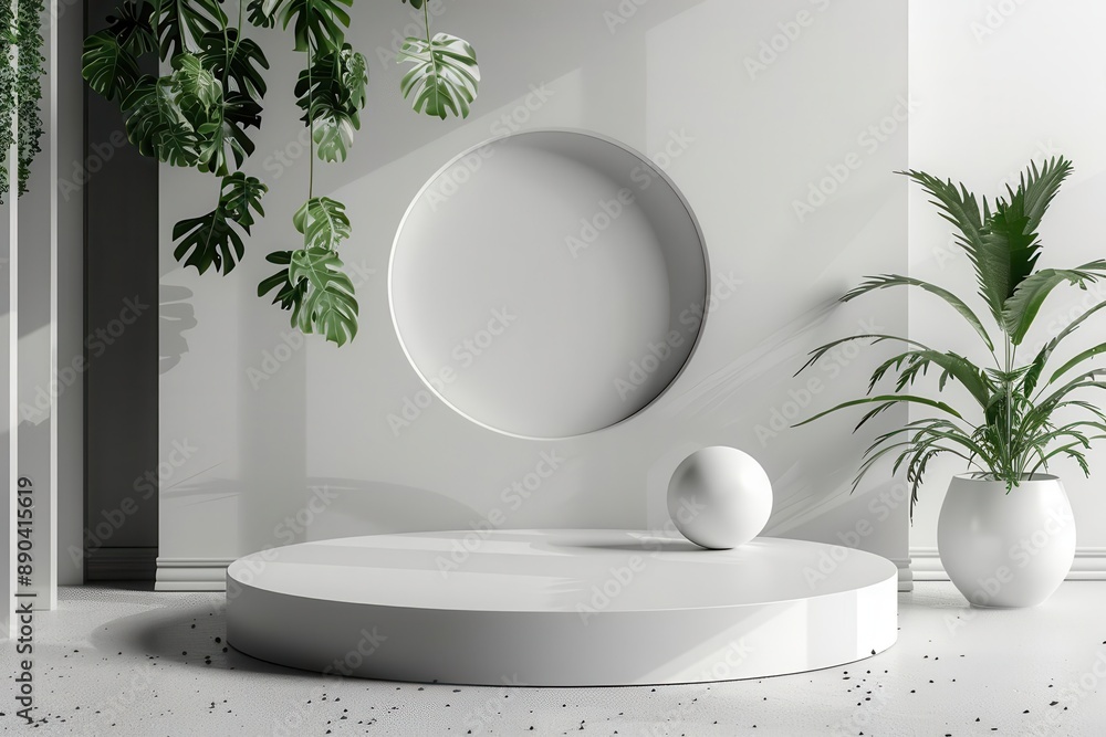 Minimalist white podium with plants, perfect for product display or branding. Minimalist white podium with plants, perfect for product display or branding.