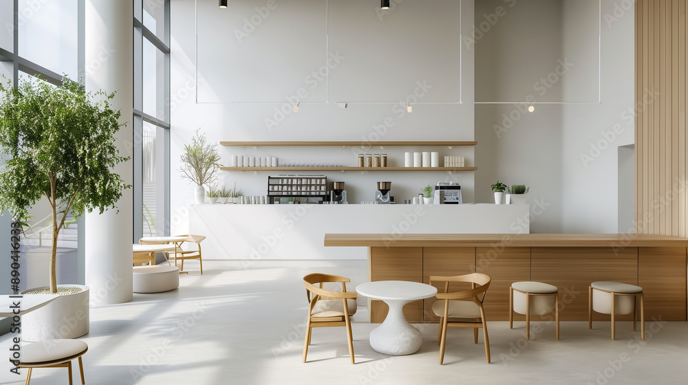 Minimalist café design with natural light, wooden elements Minimalist café design with natural light, wooden elements