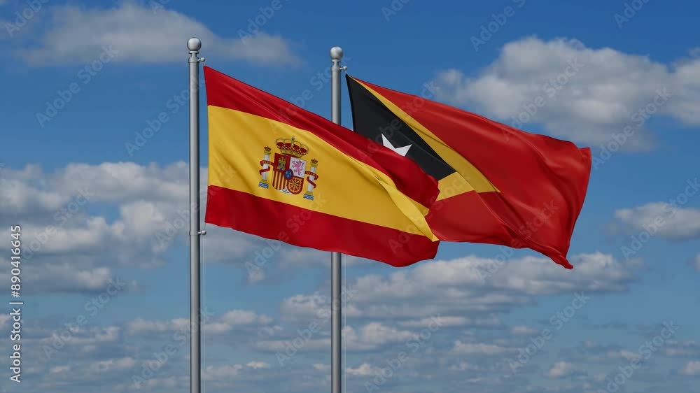East Timor and Spain flags flying together, video concept of the relationship, two country cooperation concept East Timor and Spain flags flying together, video concept of the relationship, two country cooperation concept