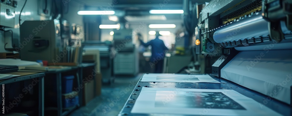 Fototapeta premium Printing workshop with canvas and paper printers in 3D, focus on machinery and workspace, creative theme, realistic, manipulation, industrial backdrop