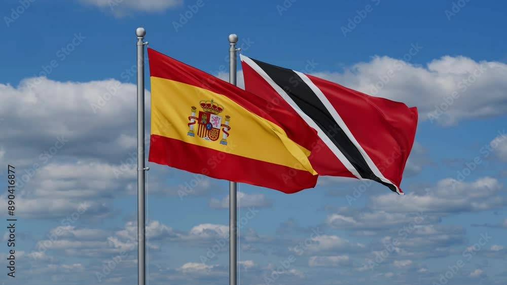 Trinidad and Tobago and Spain flags flying together, video concept of the relationship, two country cooperation concept Trinidad and Tobago and Spain flags flying together, video concept of the relationship, two country cooperation concept