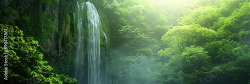 Serene forest waterfall surrounded by lush green foliage, with sunlight streaming through the trees on a misty morning.