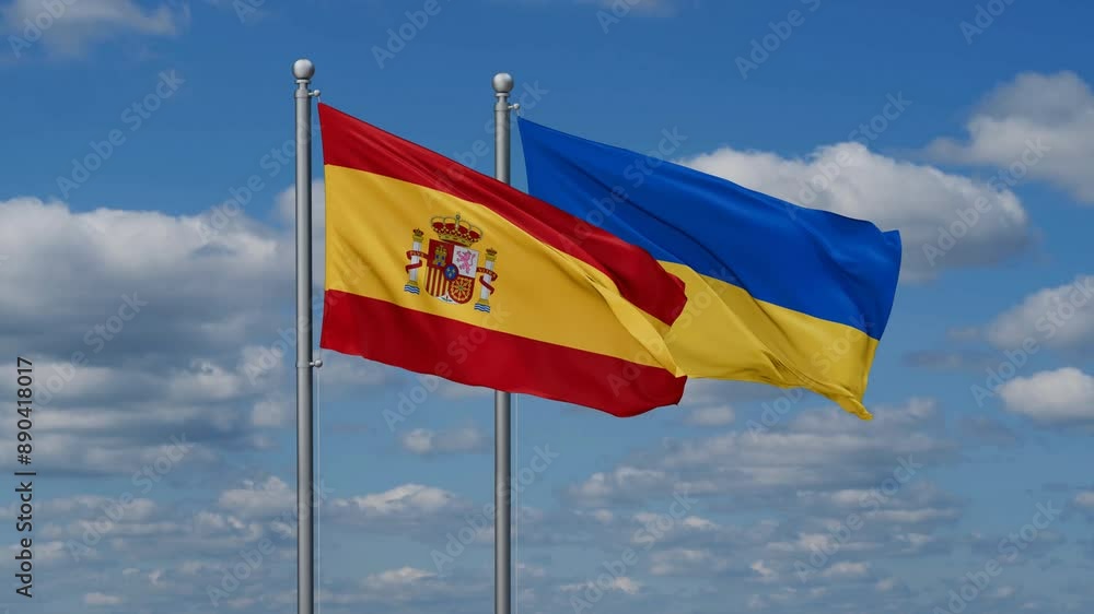 Ukraine and Spain flags flying together, video concept of the relationship, two country relations concept Ukraine and Spain flags flying together, video concept of the relationship, two country relations concept