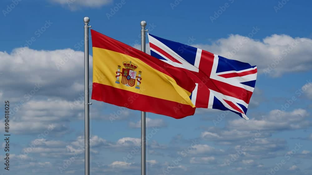 United Kingdom and Spain flags flying together, video concept of the relationship, two country cooperation concept United Kingdom and Spain flags flying together, video concept of the relationship, two country cooperation concept