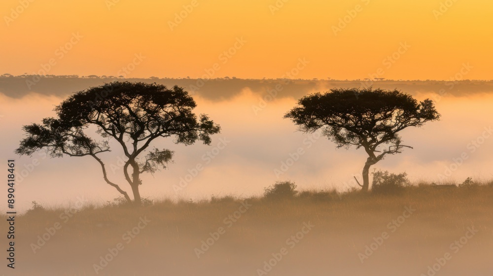 Two acacia trees stand in a misty savannah at sunrise, creating an ethereal and tranquil landscape scene. Two acacia trees stand in a misty savannah at sunrise, creating an ethereal and tranquil landscape scene.