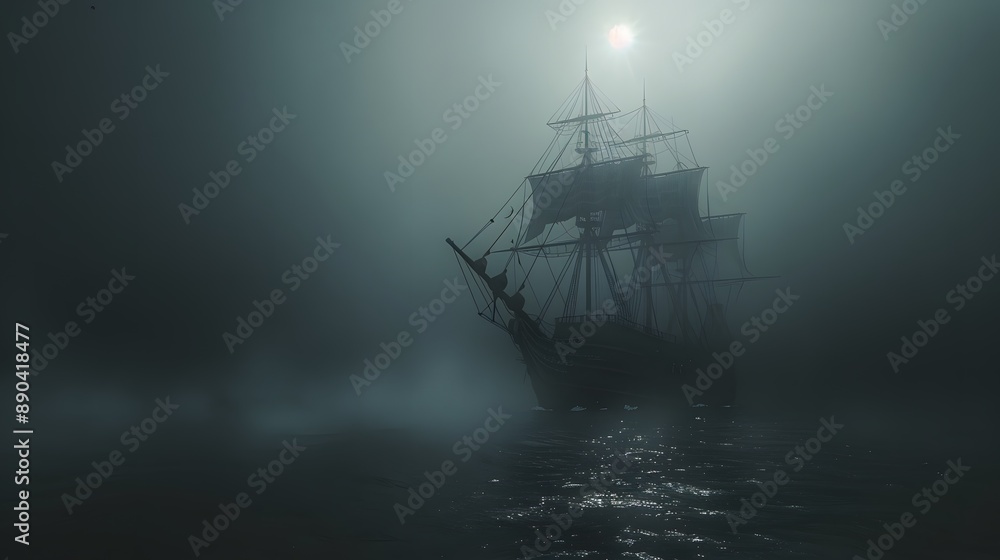 A ghost ship sailing through foggy waters under a dark sky A ghost ship sailing through foggy waters under a dark sky
