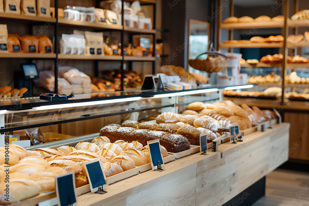 A vibrant bakery section in a supermarket features an assortment of fresh-baked goods A vibrant bakery section in a supermarket features an assortment of fresh-baked goods