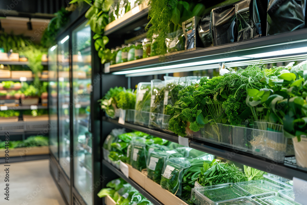 A well-organized section of a supermarket displays fresh, leafy greens and other vegetables