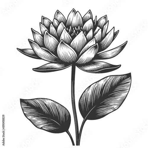 blooming lotus flower with buds, water lily Nymphaea, elegant and detailed floral art sketch engraving generative ai vector illustration. Scratch board imitation. Black and white image.
