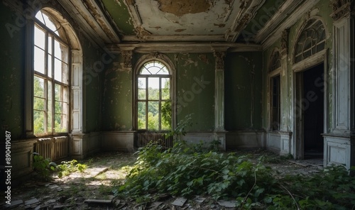 Abandoned room with foliage near large windows