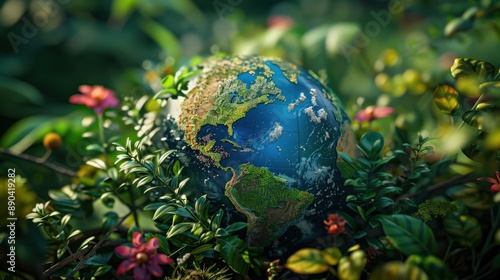 Globe surrounded by green plants and flowers, illustrating the beauty of a healthy Earth © Patcharaphorn