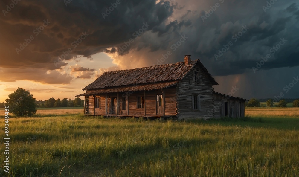 Weathered wooden house amidst a stormy field landscape Weathered wooden house amidst a stormy field landscape