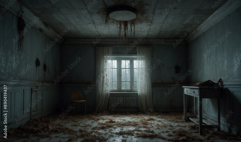 Dim distressed room with single window and tattered walls Dim distressed room with single window and tattered walls