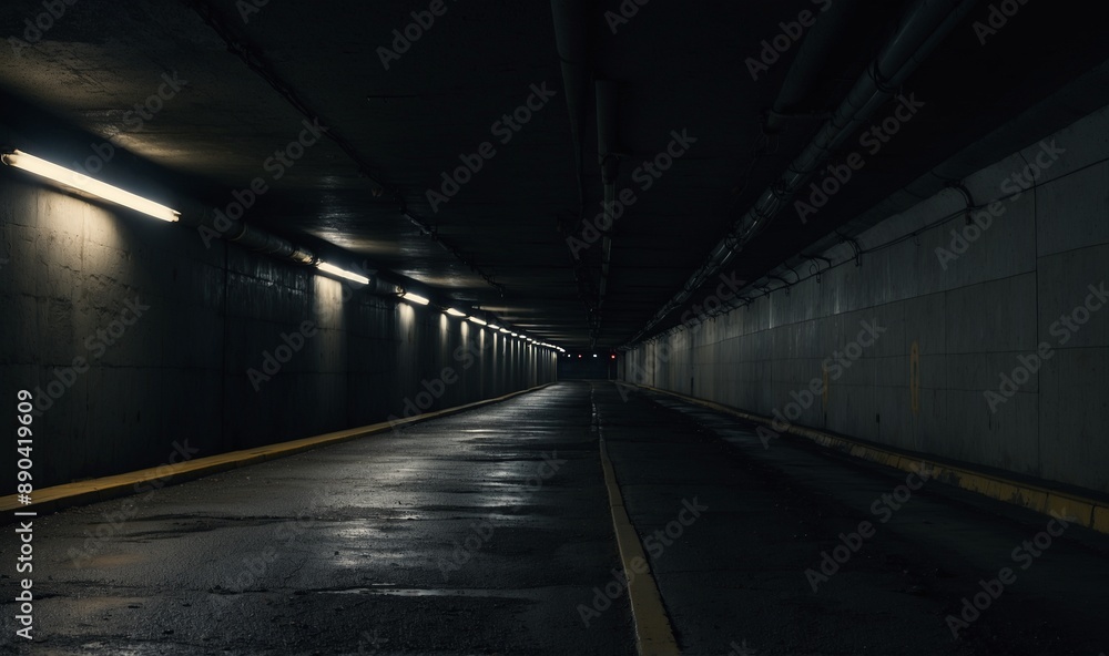 Dimly lit underground tunnel with reflective wet floor Dimly lit underground tunnel with reflective wet floor