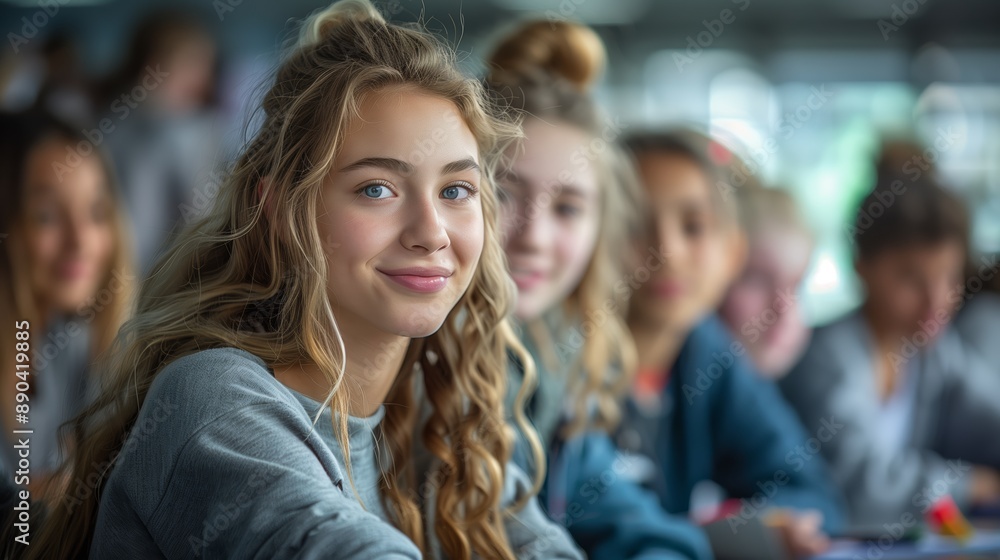 Young Woman Smiles In A Classroom During A Lesson Young Woman Smiles In A Classroom During A Lesson