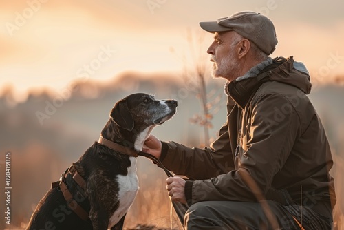 Senior man training his dog at sunset in a field