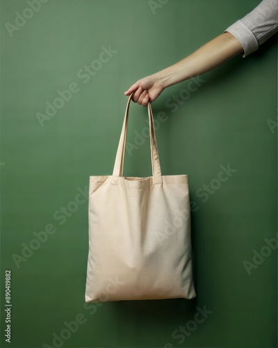 Textile bag, pack mock up. Natural organic cotton sack hand holding cotton bag on green background photo