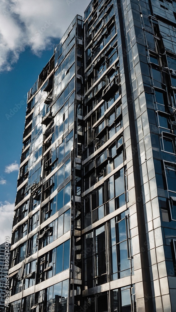 High-rise building with steel windows and sky reflection High-rise building with steel windows and sky reflection