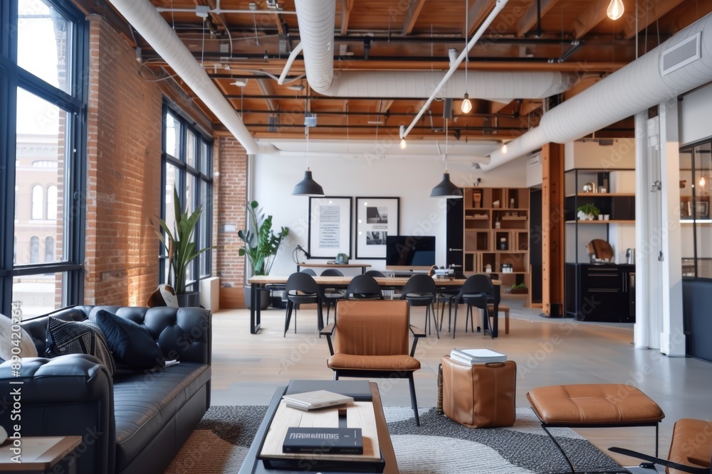 Industrial Chic Office Space with Modern Furniture and Open Collaborative Environment Industrial Chic Office Space with Modern Furniture and Open Collaborative Environment