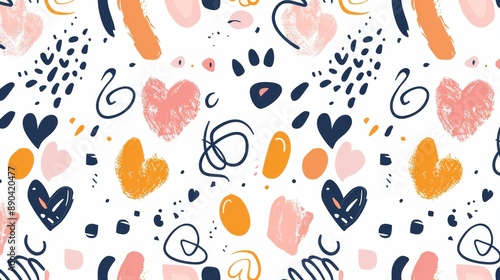 This seamless pattern is drawn with various motifs like hearts, spots, and shapes and has room for text.